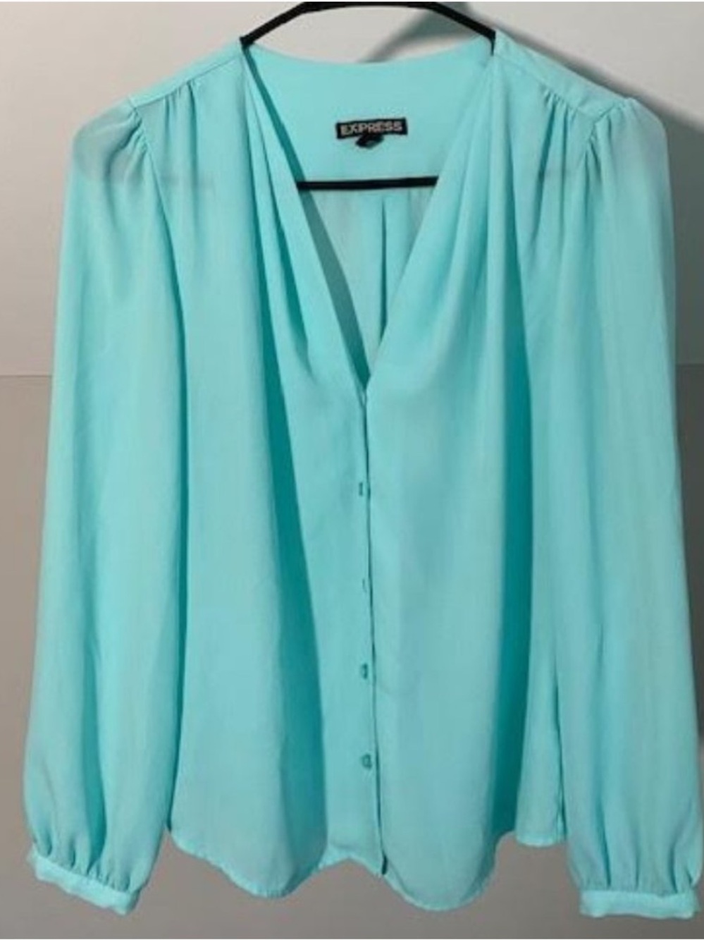Express Women's Aqua/Turquoise Button-Front Blouse - L
